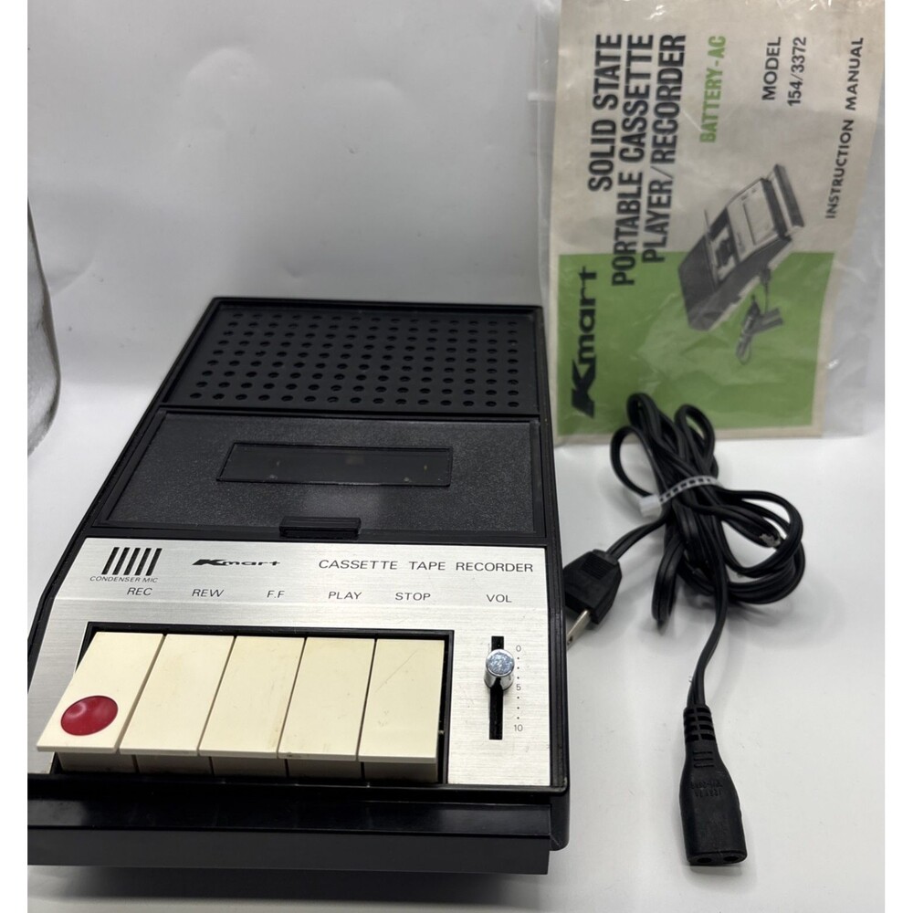 Vintage Kmart Cassette Tape Recorder 154 3372 W/manual -Tested
